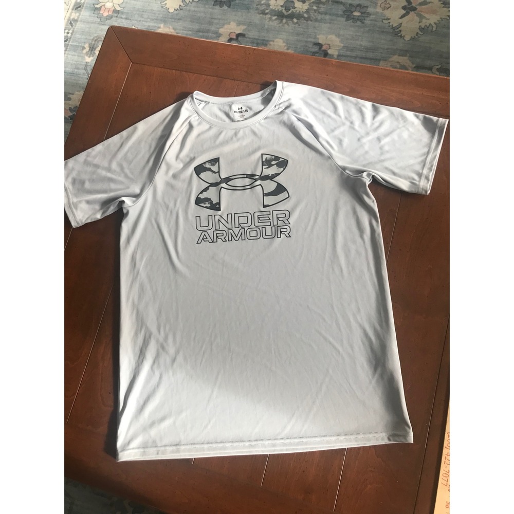 Kids Under Armour Loose Fit TShirt YXL JTG EG Gray Camo Logo Short Sleeve‎